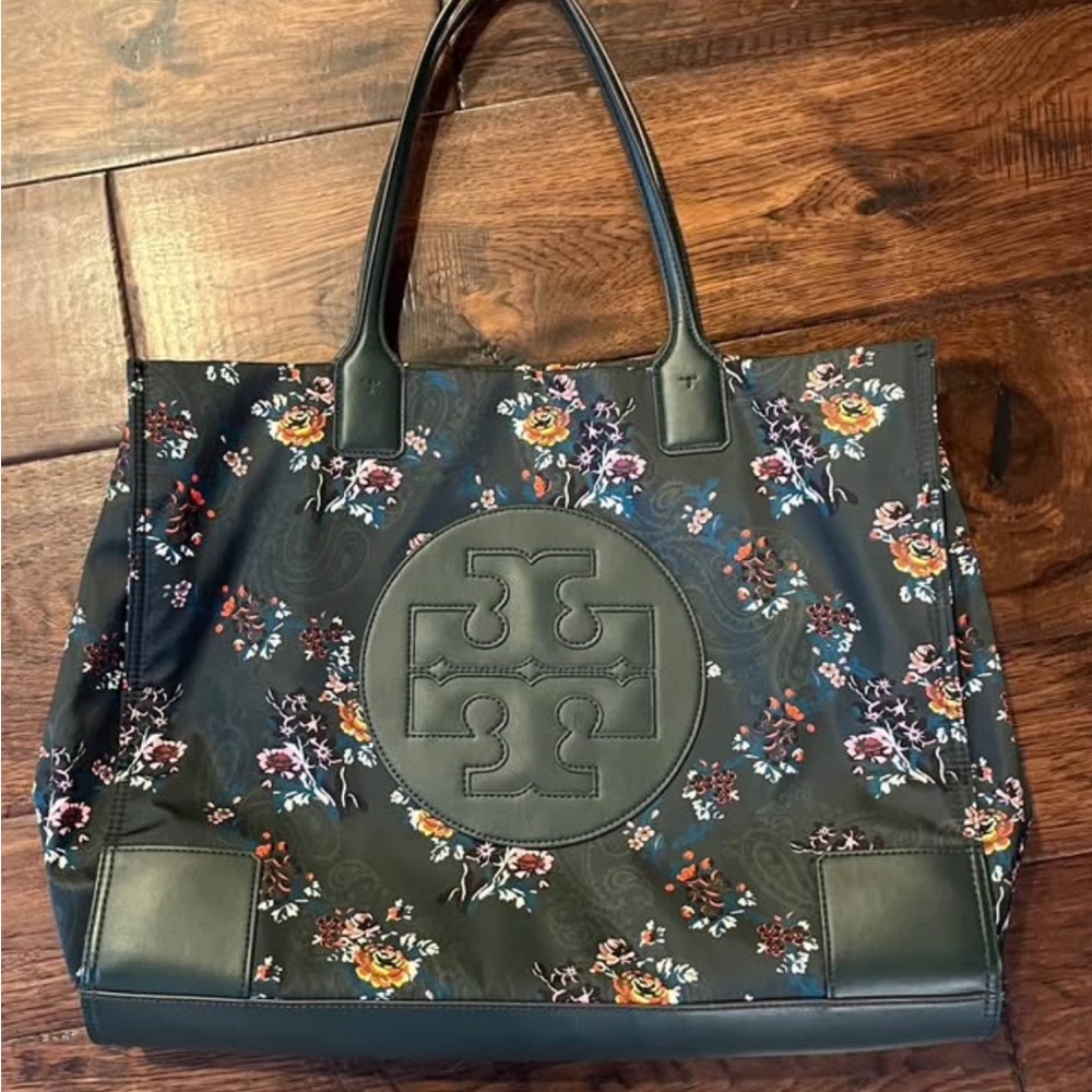 Tory Burch Black Multicolor Floral Tote